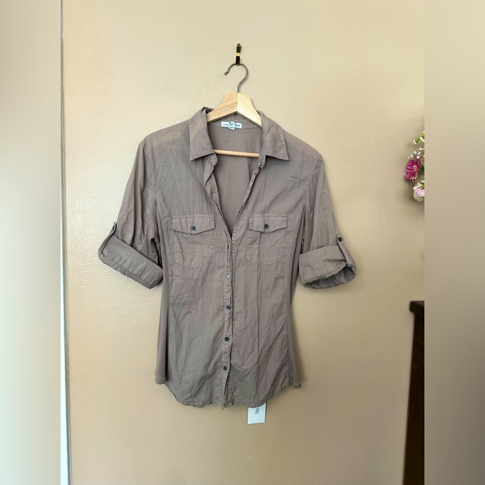 James Perse women’s casual button up 3/4 roll sleeve SZ XL (4) Tan stretch
